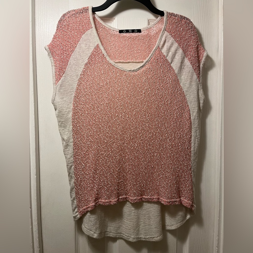 Light orange and cream batwing sleeve high-low sheer top
